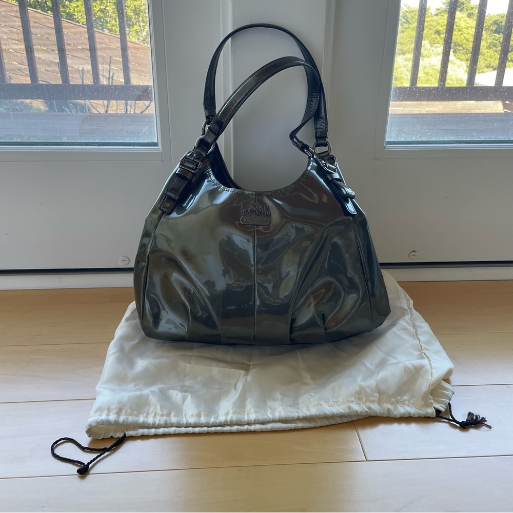 Coach Maggie Madison Green in Metallic Patent Leather Shoulder Hobo Bag